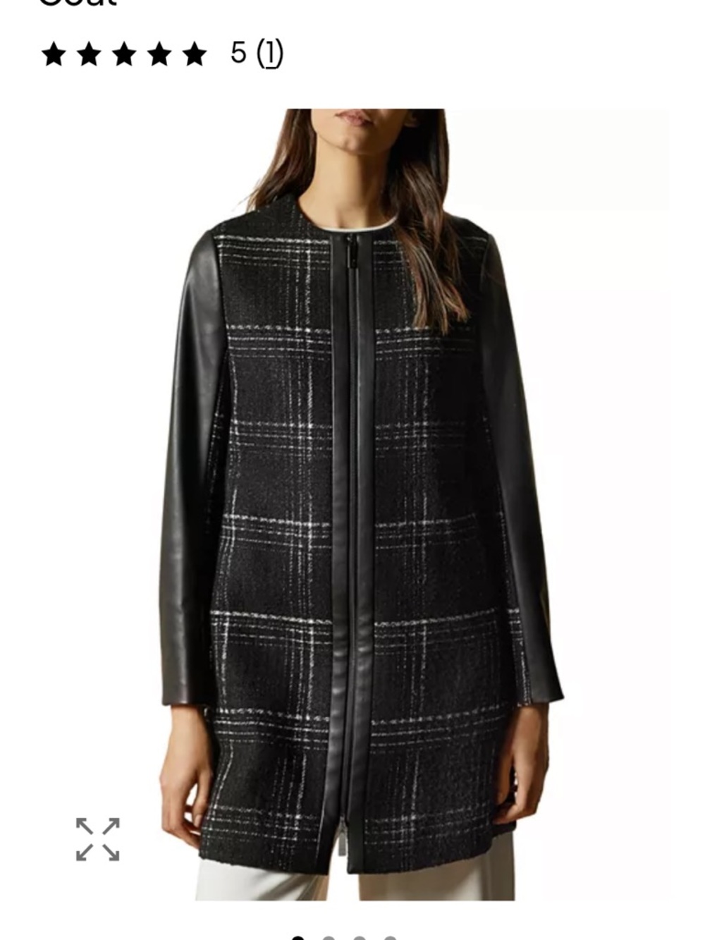 Ted Baker Black Plaid Coat with Black Leather-Effect Sleeves